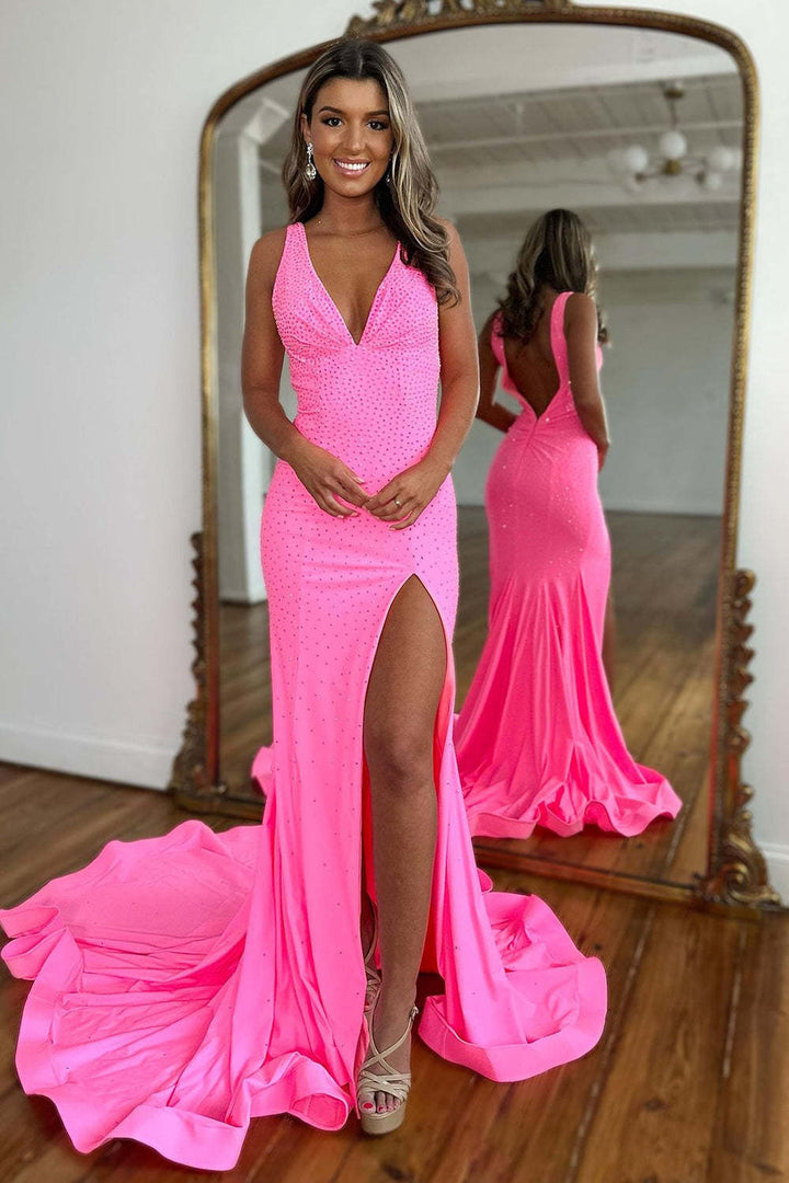 Beaded Pink Prom Dress with Slit