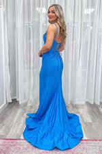 Load image into Gallery viewer, Royal Blue Beaded Slit Prom Dress
