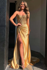 Load image into Gallery viewer, Strapless Corset Beaded Prom Dress with Slit
