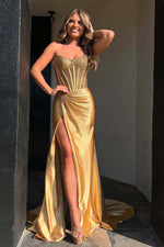 Load image into Gallery viewer, Strapless Corset Beaded Prom Dress with Slit
