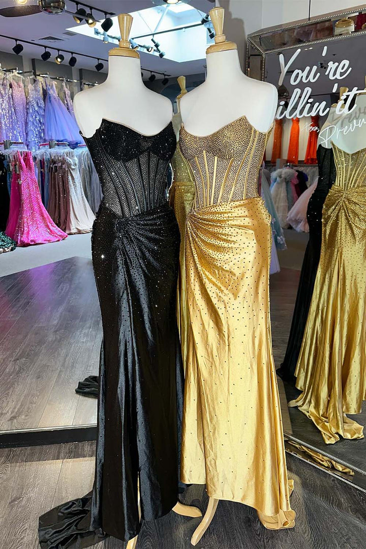 Strapless Corset Beaded Prom Dress with Slit