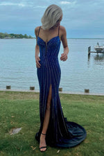 Load image into Gallery viewer, Fitted Corset Slit Beaded Prom Dress
