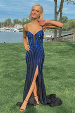 Load image into Gallery viewer, Fitted Corset Slit Beaded Prom Dress
