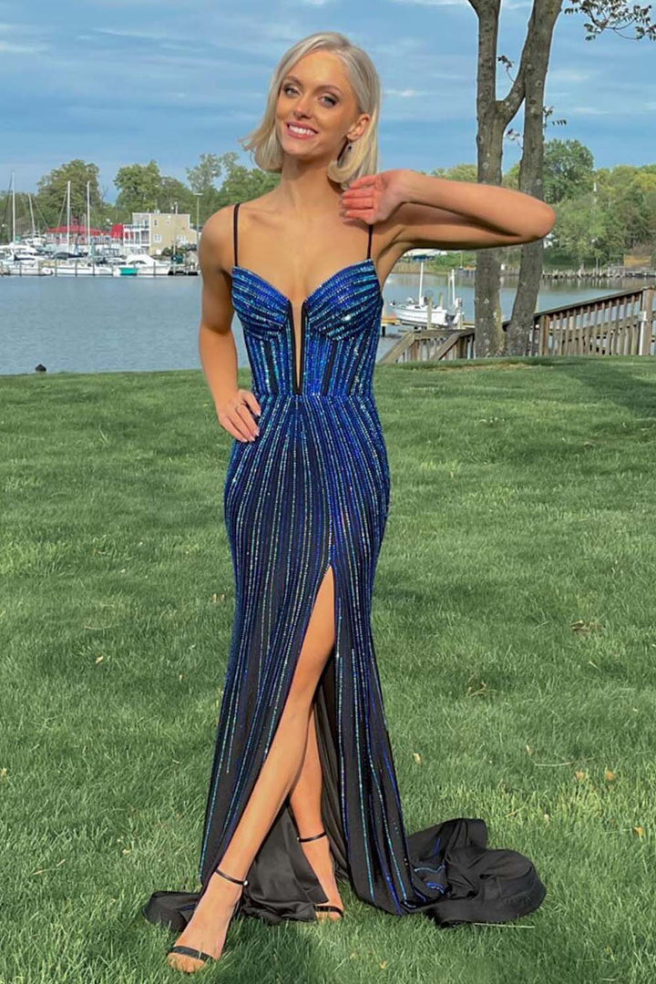 Fitted Corset Slit Beaded Prom Dress