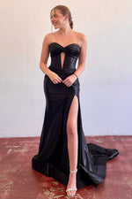 Load image into Gallery viewer, Satin Fitted Side Slit Prom Dress
