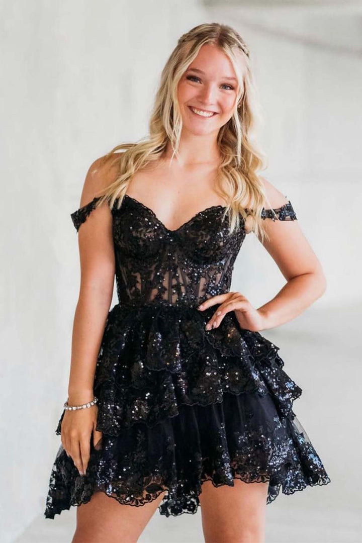 Black Ruffle Homecoming Dress with Sequin