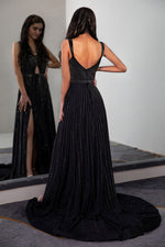 Load image into Gallery viewer, Beaded Slit Prom Dress with Keyhole
