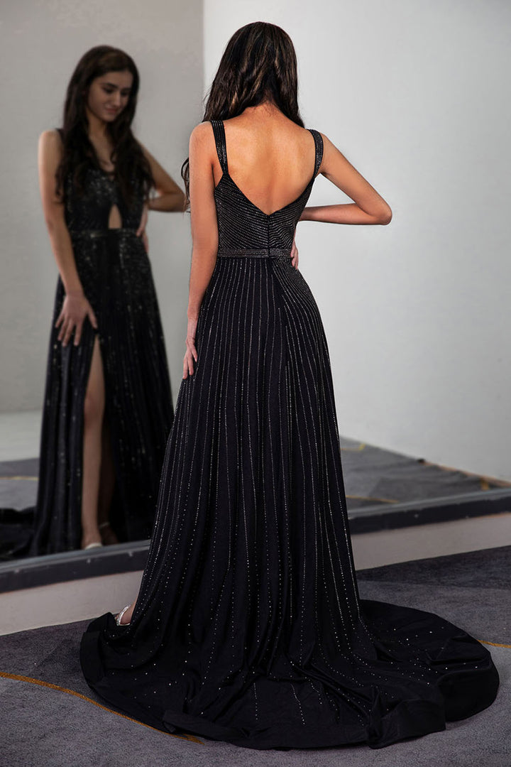 Beaded Slit Prom Dress with Keyhole