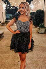 Load image into Gallery viewer, Beaded Cold-Shoulder Ruffle Homecoming Dress with Feathers
