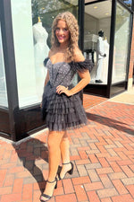 Load image into Gallery viewer, Beaded Cold-Shoulder Ruffle Homecoming Dress with Feathers
