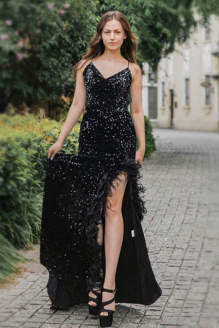 Glitter Black Sequins Long Prom Dress with Slit