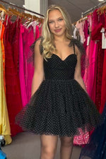 Load image into Gallery viewer, Black Polka Homecoming Dress with Straps
