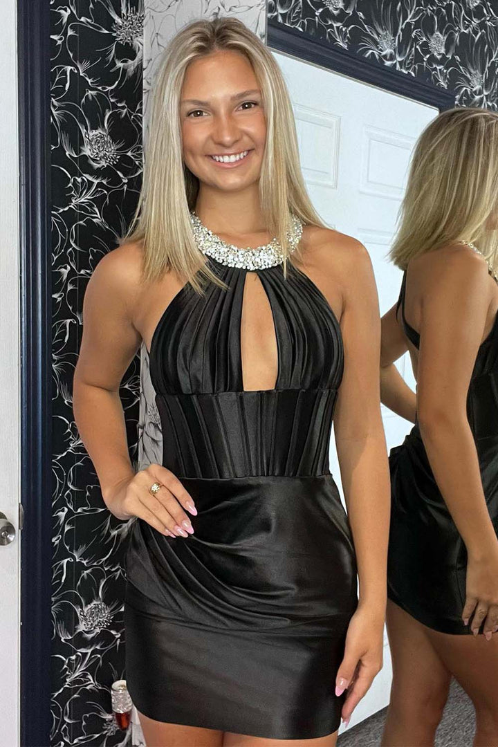 Beads Halter Open Back Homecoming Dress with Keyhole