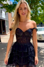 Load image into Gallery viewer, Tiered Ruffle Homecoming Dress with Sheer Corset Bodice
