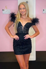 Load image into Gallery viewer, Black Feather Homecoming Dress with Appliques
