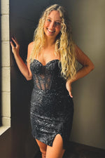 Load image into Gallery viewer, Sheer Corset Bodice Sequin Homecoming Dress
