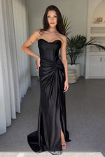 Load image into Gallery viewer, Ruched Black Prom Dress with Slit
