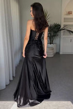 Load image into Gallery viewer, Ruched Black Prom Dress with Slit
