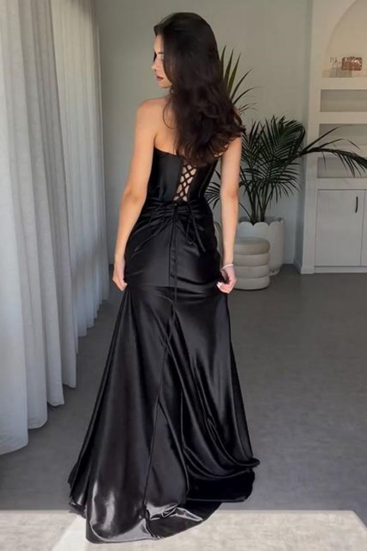 Ruched Black Prom Dress with Slit