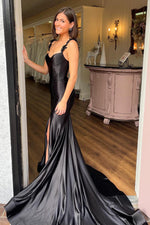 Load image into Gallery viewer, Corset Embellished Straps Black Prom Dress with Slit
