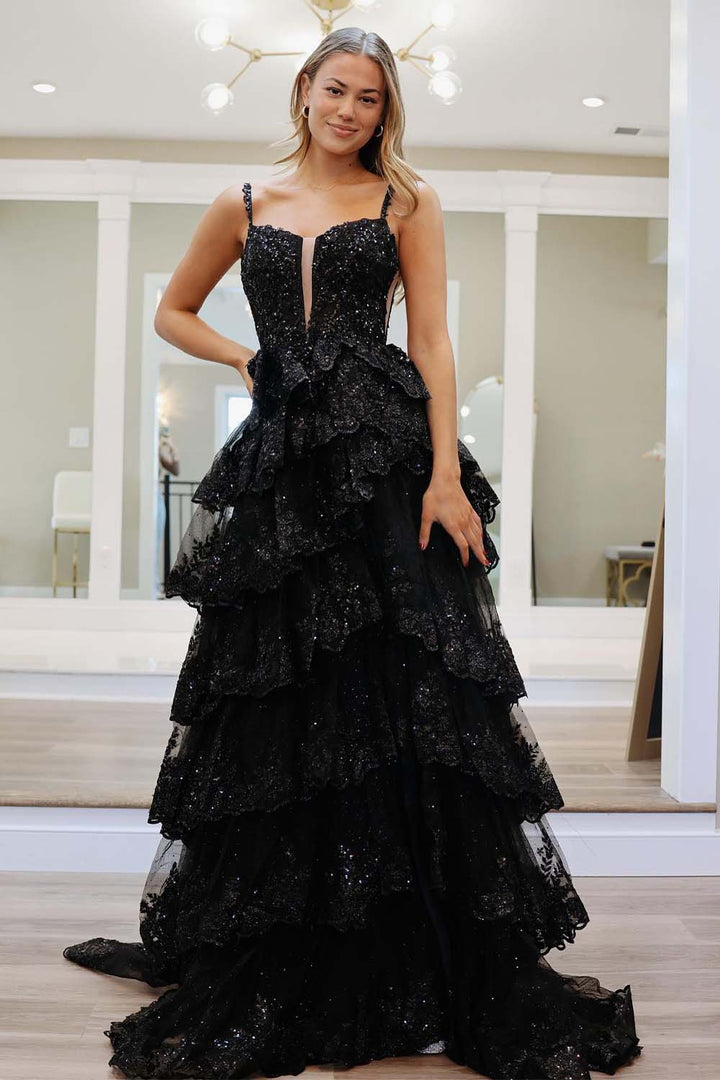 Tiered Ruffle Long Prom Gown with Slit