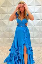 Load image into Gallery viewer, Ruffle Slit Satin Open Back Prom Dress
