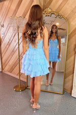 Load image into Gallery viewer, Sweetheart Ruffle Homecoming Dress with Lace
