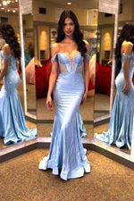 Load image into Gallery viewer, Light Blue Off the Shoulder Beaded Prom Dress
