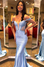 Load image into Gallery viewer, Light Blue Off the Shoulder Beaded Prom Dress
