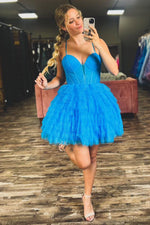 Load image into Gallery viewer, Blue Tiered Homecoming Dress with Corset Bodice
