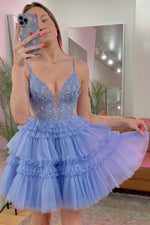 Load image into Gallery viewer, Blue A-Line Bodycon Tiered Homecoming Dress
