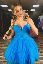 Load image into Gallery viewer, Blue Tiered Homecoming Dress with Corset Bodice
