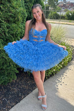 Load image into Gallery viewer, Blue Keyhole Homecoming Dress with Flowers
