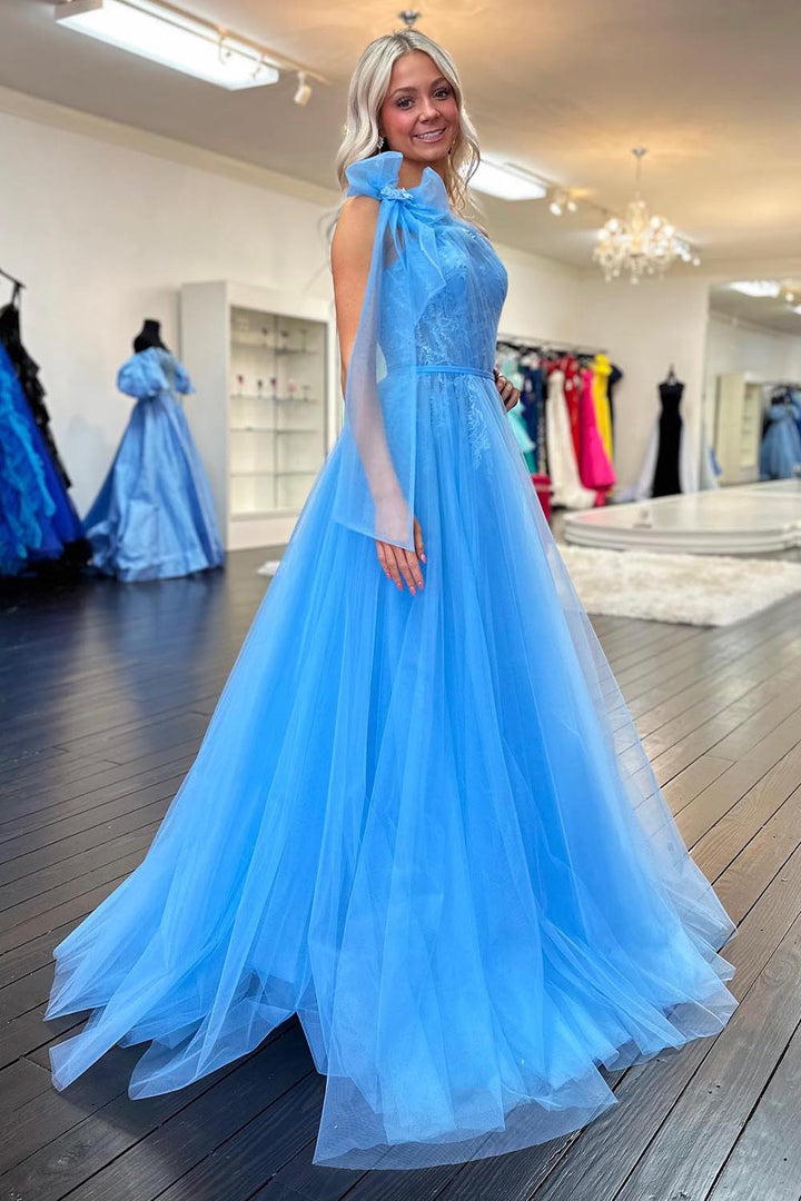 One Shoulder Blue Sheer Corset Bodice Prom Dress