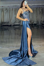 Load image into Gallery viewer, Blue Sheer Corset Bodice Side Slit Prom Dress
