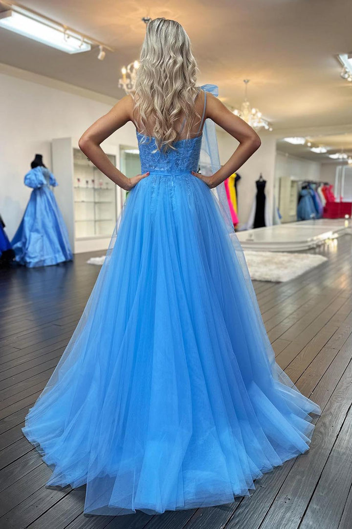 One Shoulder Blue Sheer Corset Bodice Prom Dress