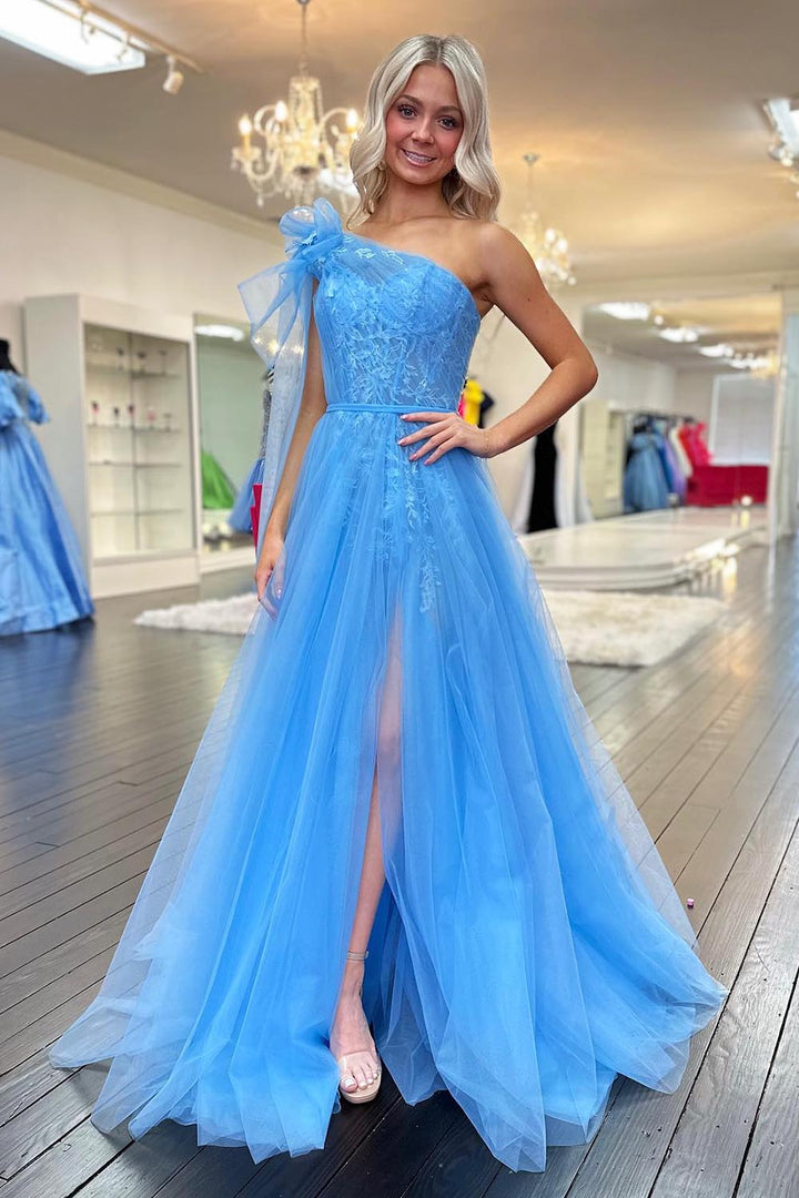 One Shoulder Blue Sheer Corset Bodice Prom Dress