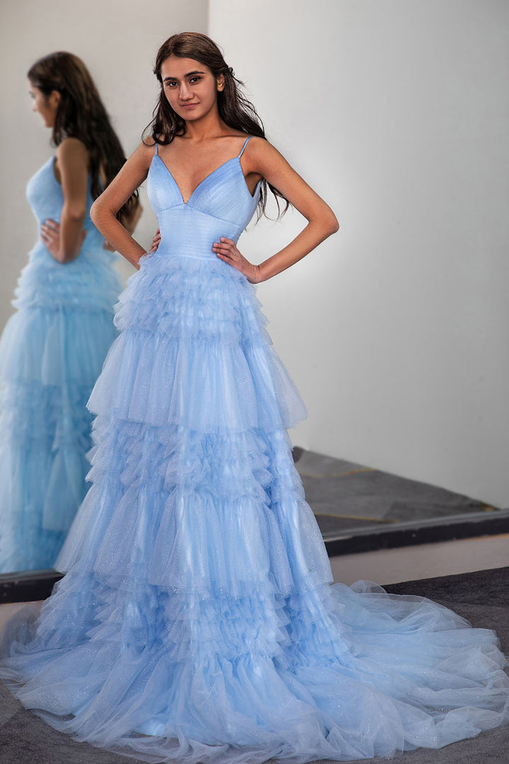 Light Blue Long Cute Prom Dress