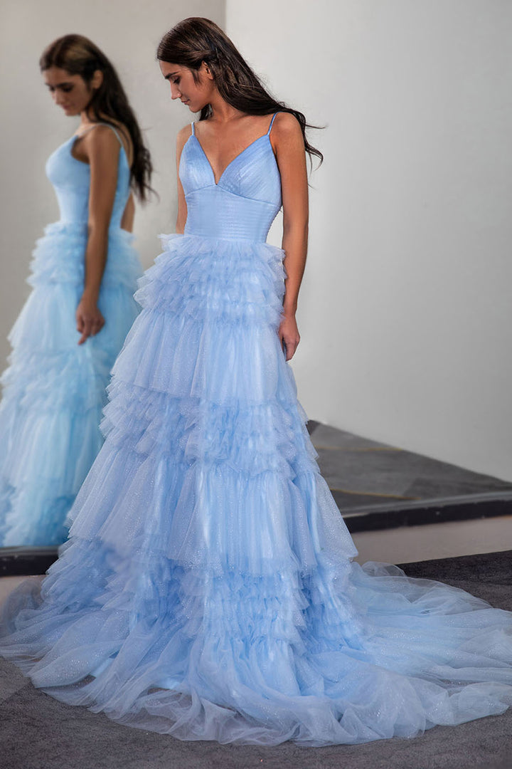 Ruffle Blue Prom Dress