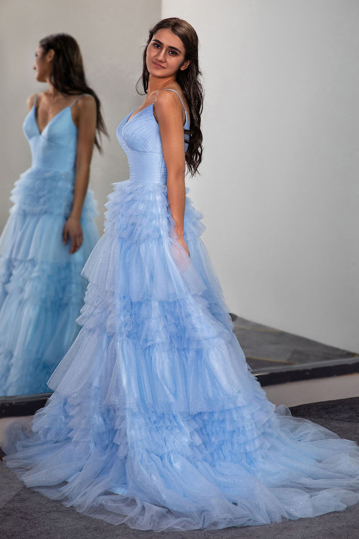 Ruffle Blue Prom Dress