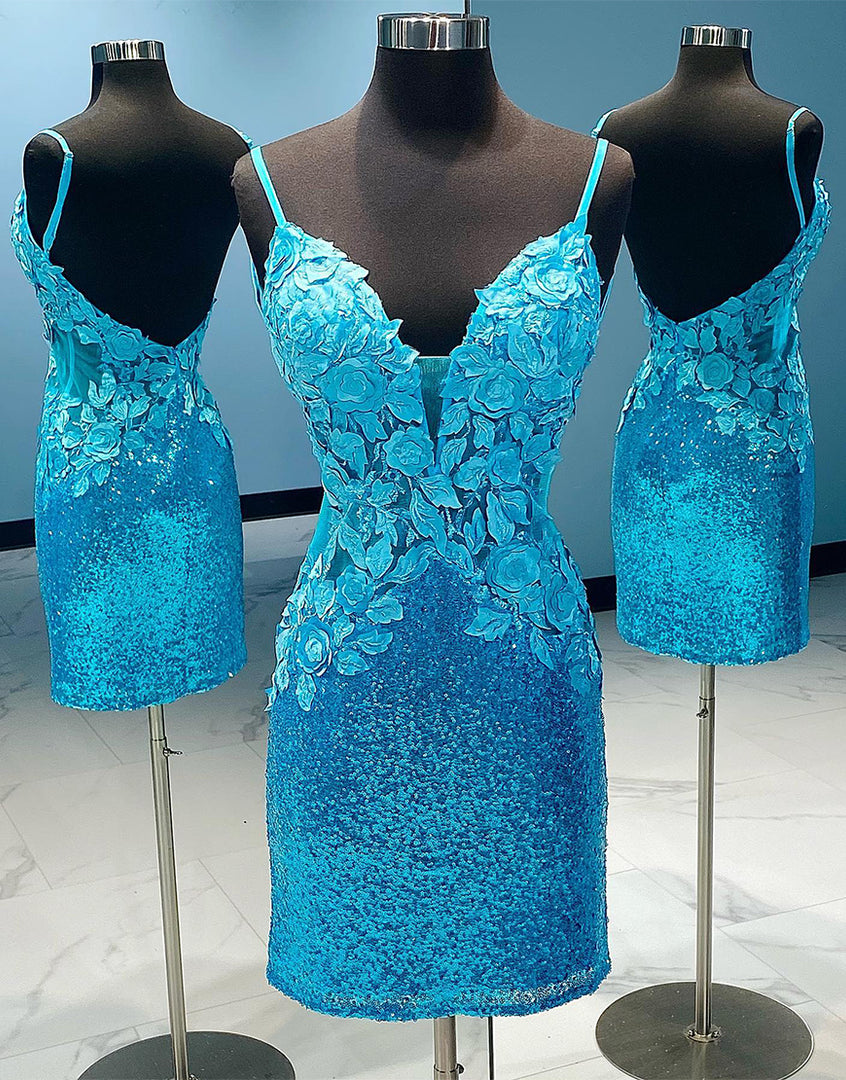 Blue Sequin Backless Homecoming Dress with 3D Flowers