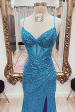 Load image into Gallery viewer, Blue Sequin Corset Prom Dress
