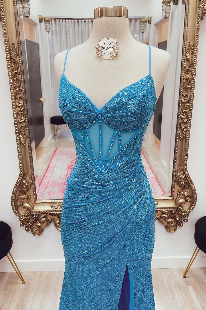 Blue Sequin Corset Prom Dress