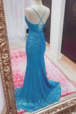 Load image into Gallery viewer, Blue Sequin Corset Prom Dress
