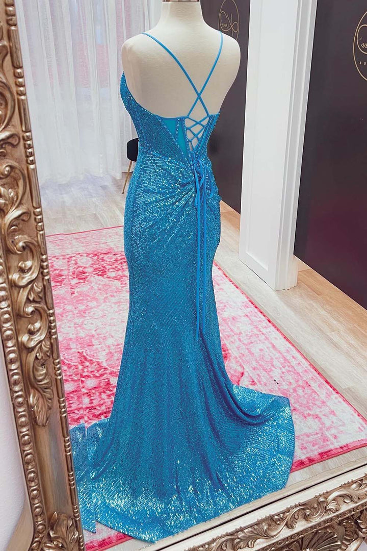 Blue Sequin Corset Prom Dress