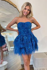 Load image into Gallery viewer, Strapless Sequin Royal Blue Homecoming Dress with Feather
