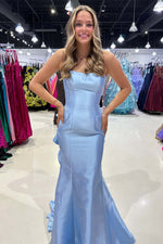 Load image into Gallery viewer, Satin Strapless Slim Fit Prom Dress with Ruffle Train
