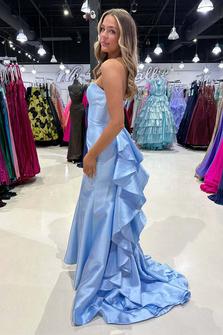 Satin Strapless Slim Fit Prom Dress with Ruffle Train