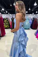 Load image into Gallery viewer, Satin Strapless Slim Fit Prom Dress with Ruffle Train
