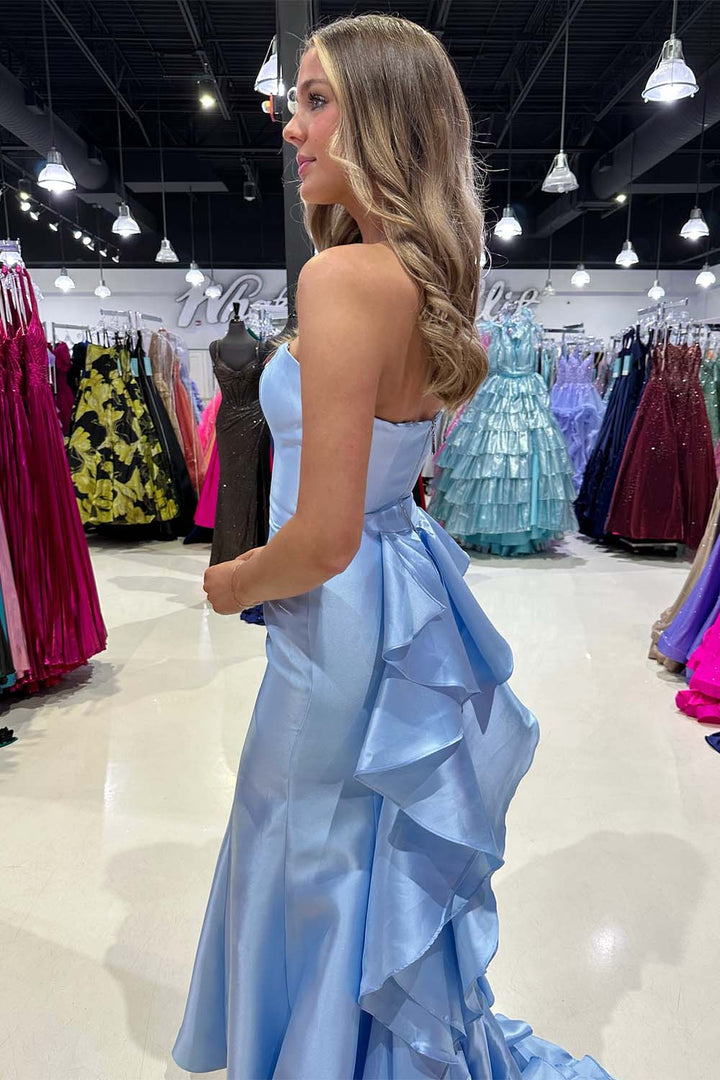 Satin Strapless Slim Fit Prom Dress with Ruffle Train